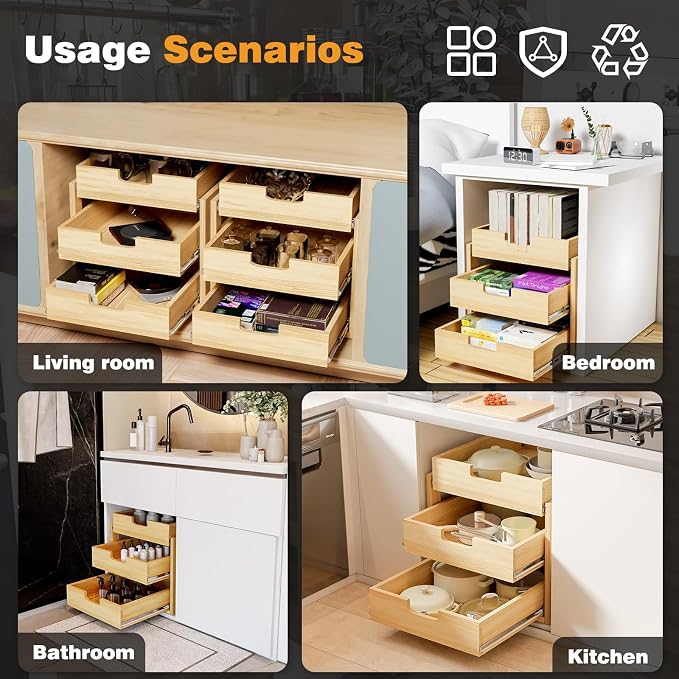 Pull Out Cabinet Organizer, 17''W×21''D Sliding Drawers for Cabinets, 3 Tier Soft Close Slide Out Wooden Pull out Drawers, Base Cabinet Organization for Kitchen, Pantry, Bathroom