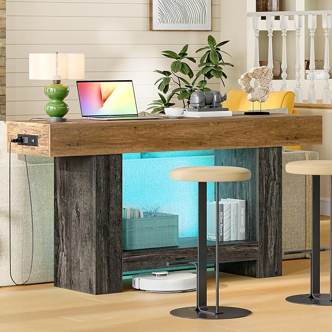 TEENFON 63" Console Tables for Entryway, Sofa Table, Behind The Couch Table with Charging Station and LED Lights, Farmhouse Entryway Table for Entrance, Hallway, Living Room