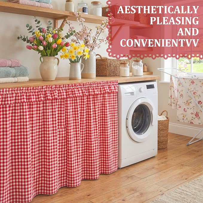 Red Ruffle Gingham Sink Skirt Self-Adhesive Bathroom Stitch Self Stick Adhesive Fabric Under Sink Curtain Skirt 55'' x 32'' for Bathroom Kitchen Laundry Utility Room Decor (32 x 55in)