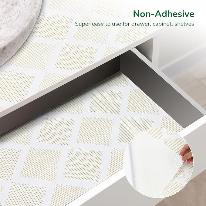 Drawer and Shelf Liner for Kitchen 17.5in x20FT, Non-Slip Non-Adhesive Cabinet Liners for Cupboard, Dresser, Shelves, Tool Box, Pantry, Thickened Easy Install, Strong Grip, Yellow&White