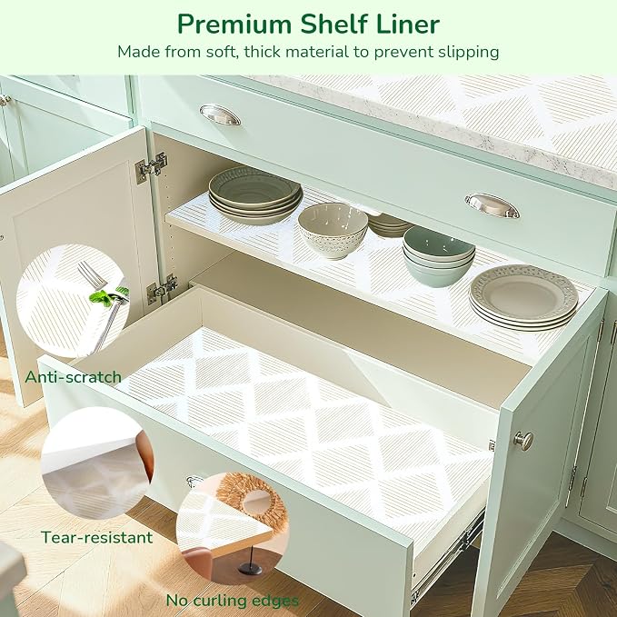 Drawer and Shelf Liner for Kitchen 17.5in x20FT, Non-Slip Non-Adhesive Cabinet Liners for Cupboard, Dresser, Shelves, Tool Box, Pantry, Thickened Easy Install, Strong Grip, Yellow&White