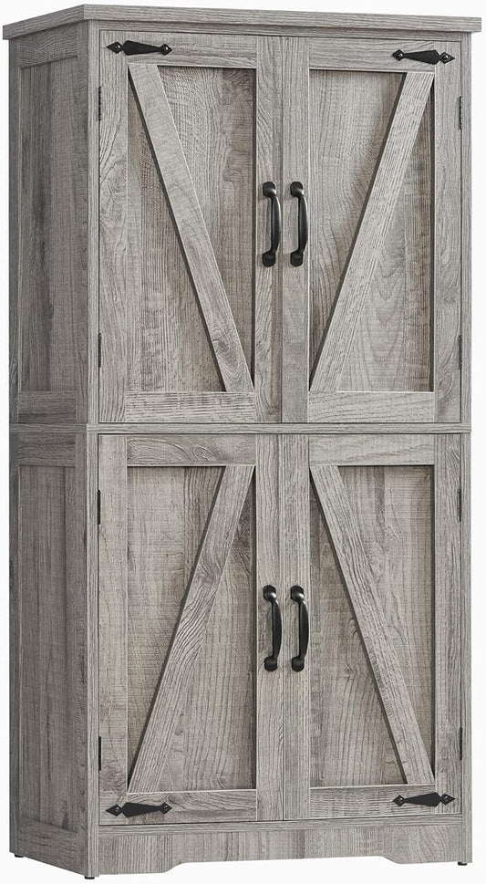 TEENFON Farmhouse Storage Cabinet with 2 Adjustable Shelves, Bathroom Cabinet with 4 Doors, Cupboard for Kitchen, Living Room, Rustic Gray