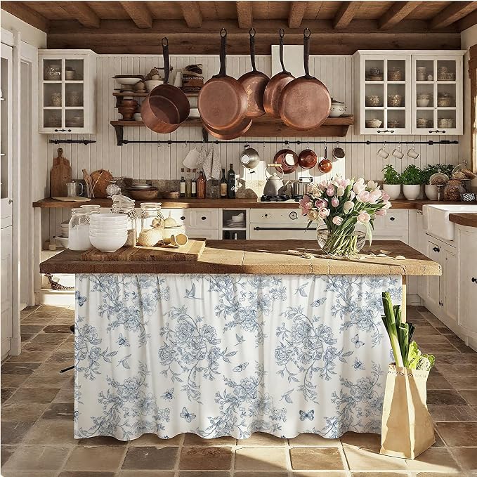 MUGINYU Cabinet Curtains 28" W x 51" L Sink Skirt for Bathroom,Blue Vintage Floral Short Curtains for Kitchen &Classroom,Farmhouse Cottage Core Closet Dishwasher Curtain with Velcro