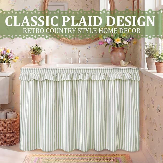 Green Ruffle Gingham Sink Skirt Self-Adhesive Bathroom Stitch Self Stick Adhesive Fabric Under Sink Curtain Skirt 32 x 55 in for Bathroom Kitchen Laundry Utility Room Decor(Stripe)