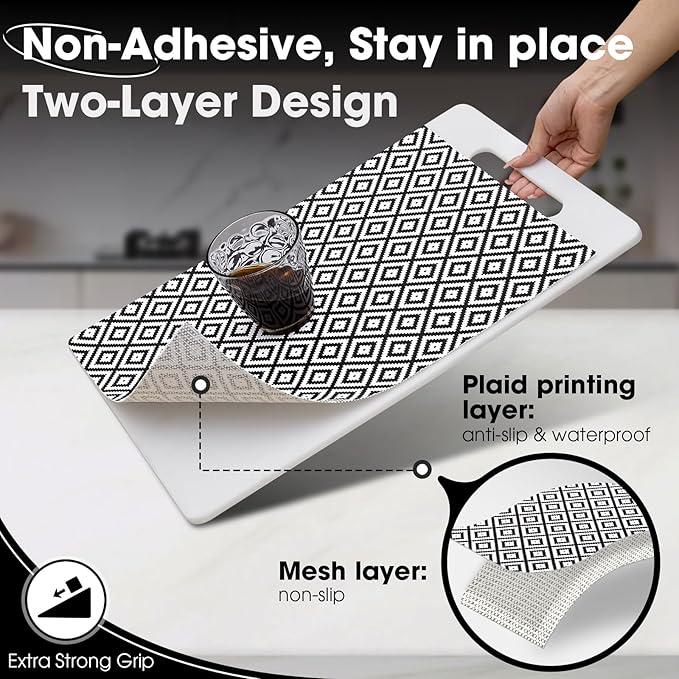 Drawer and Shelf Liner, Non-Slip Kitchen Cabinet Liners Non-Adhesive Thick Strong Grip Waterproof Washable Mats Protect Dresser Shelves Cupboard Bathroom Cabinets, Black & White, 12 in X 10 FT
