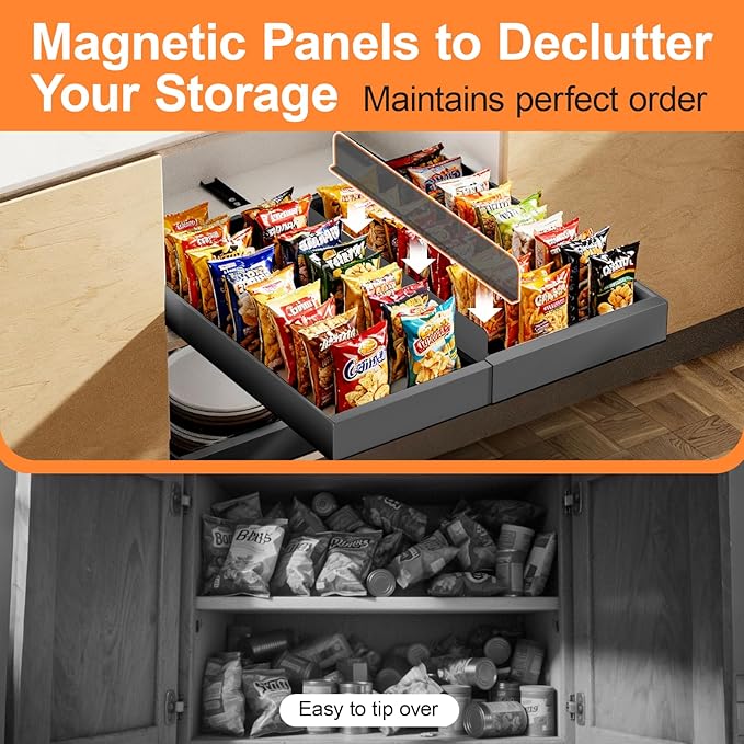 YJHome 1 Pack Pull Out Cabinet Organizer, No Drill Expandable Width 12"-20" & 21" Depth, Adhesive or Screw-In Installation, Magnetic Divider for Custom Storage, for Kitchen Pantry Bathroom Cabinet