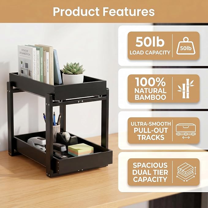 Bamboo Under Sink Storage 2 Tier Pull Out Cabinet Organizer Slide Out Under Sink Storage Shelf Undersink Organizers Shelves for Kitchen Bathroom Organization (Black, 2 Pack)