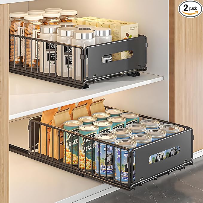 2 Pack Pull Out Cabinet Organizer, Heavy Duty Slide Out Pantry Drawers Shelves Storage With Strong Adhesive Strips and Handle for Kitchen, Bathroom, Living Room, Home (14.8"D X 9.6"W X 3.9"H)