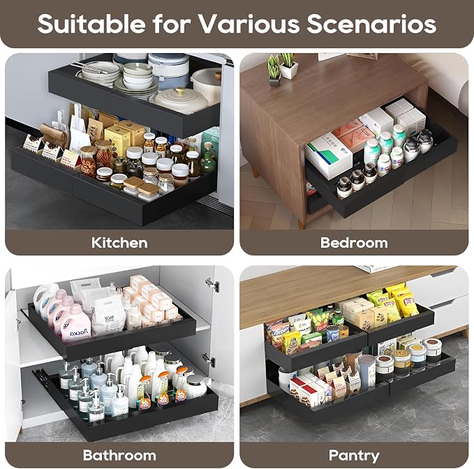 Expandable Pull Out Cabinet Organizer 16.5" Deep, 3 Rails Slide Out Drawer for Kitchen Cabinet, Adjustable No Drill Roll Out Shelf Adhesive with Nano Film 12.2"-20.5" W Black 1 Pack