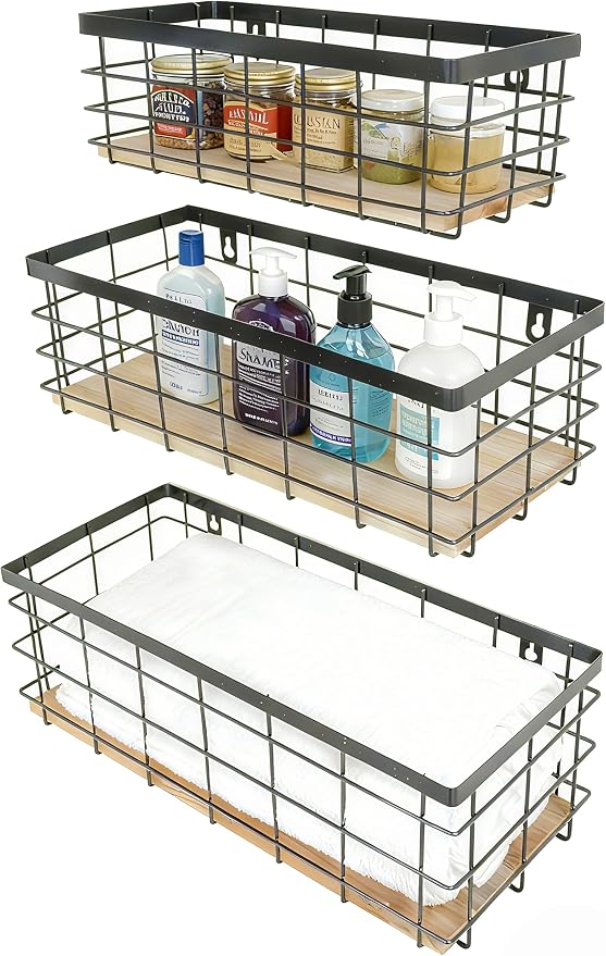 ShabbyDecor Metal Wire Basket Detachable Wood Base Storage Organizer Farmhouse Hanging Basket for Kitchen Cabinets, Bathroom, Pantry, Laundry Room Set of 3,Black Color