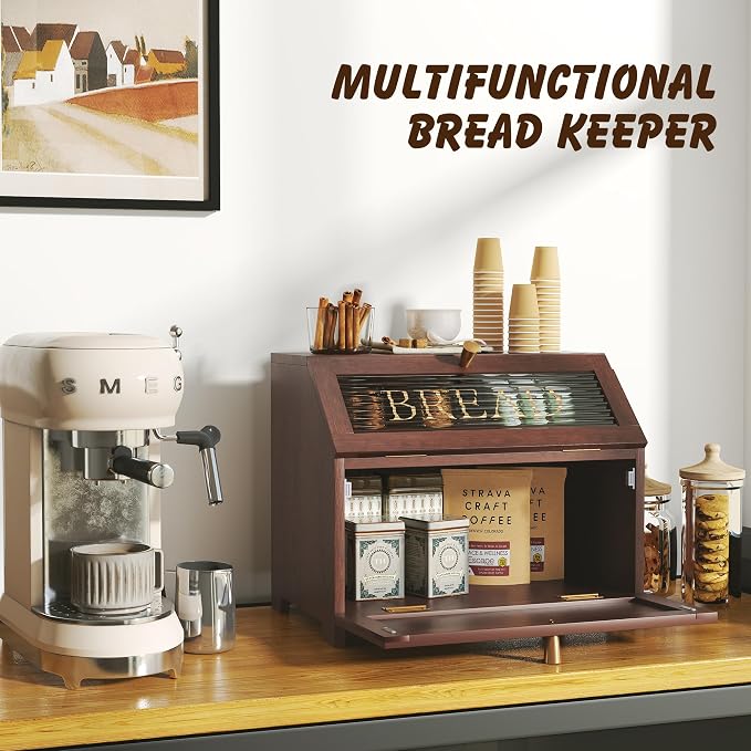 HOLTICO Double Layer Bread Box With Golden Trim for Countertop, Wooden Bread Container for Kitchen Counter, Corner Bread Storage, Brown