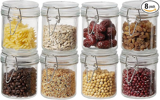 ODBCYWM 10oz Glass Food Storage Jars with Airtight Lids, Set of 8 – Clear Preserving Seal Wire Clip Fastening Canisters for Kitchen Canning, Flour, Cereal, Pasta, Sugar, Beans, Pickling Jars (10oz×8)
