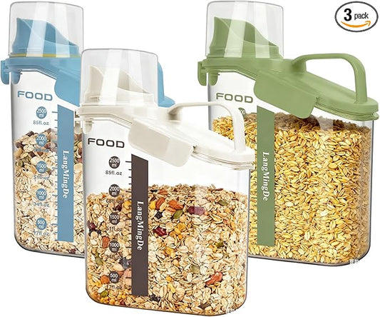 LANGMINGDE 3 Pieces Cereal Containers Storage, 51fl.oz/1.5L Compact Crystal Clear Dry Food Storage Containers with Pouring Spout Measuring Cup for Rice Nuts Beans Pet Food Snacks Candies, 3PCS
