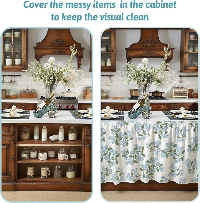 MUGINYU Cabinet Curtains 28" W x 51" L Sink Skirt for Bathroom,Blue Green Floral Hydrangea Short Curtains for Kitchen &Classroom,Vintage Farmhouse Closet Dishwasher Curtain with Velcro