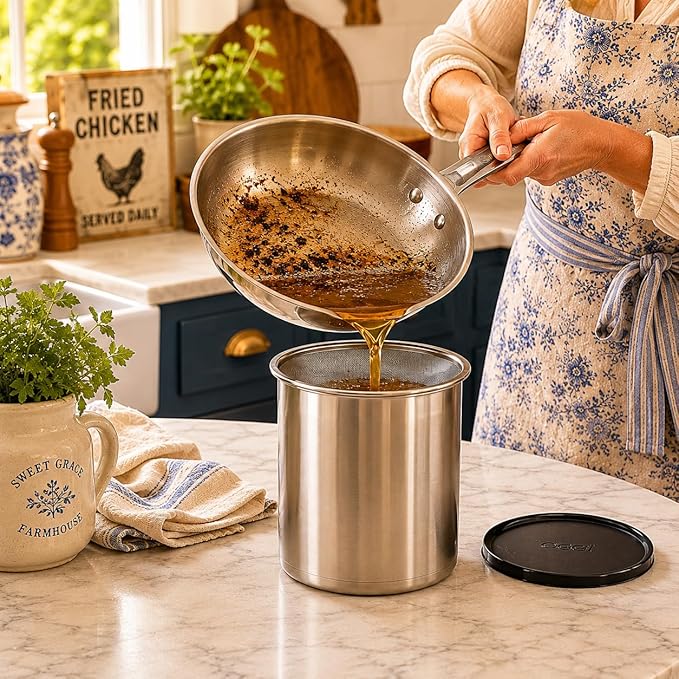 Oggi Stainless Steel Jumbo Grease Container with Removable Strainer and Snug Lid. Perfect container for fryer oil, bacon drippings, lard and ghee oil. Large capacity can - 1 Gall / 4 Qt / 3.75 Lt