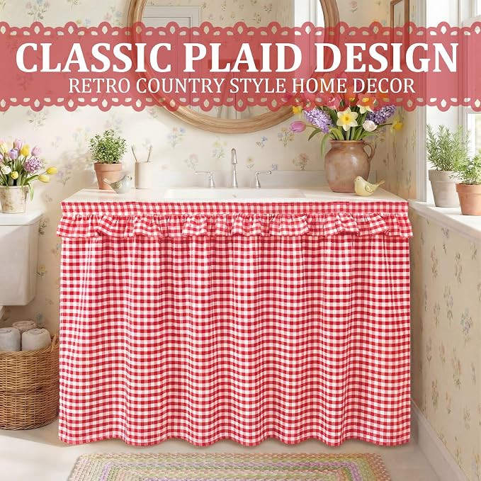 Red Ruffle Gingham Sink Skirt Self-Adhesive Bathroom Stitch Self Stick Adhesive Fabric Under Sink Curtain Skirt 55'' x 32'' for Bathroom Kitchen Laundry Utility Room Decor (32 x 55in)
