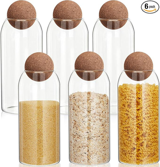 Suclain 6 Pcs Glass Jars with Cork Ball Lid Farmhouse Kitchen Canisters Coffee Bar Countertop Container Rustic Storage Jars for Bean Nut Sugar Coffee Tea Organizer Housewarming Gift (34 oz)