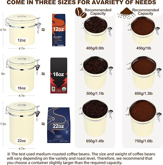 ShanSon Coffee Canister Airtight, Stainless Steel Bean Storage Container with Date Tracker & Scoop, Grounds Sugar Flour Tea Cereal Fits Kitchen Pantry, Ideal Gift for Coffee Lovers,22oz,Beige