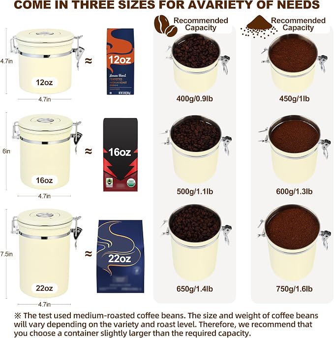 ShanSon Coffee Canister Airtight, Stainless Steel Bean Storage Container with Date Tracker & Scoop, Grounds Sugar Flour Tea Cereal Fits Kitchen Pantry, Ideal Gift for Coffee Lovers,16oz,Beige