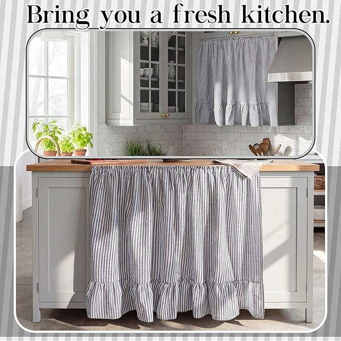 VitalCozy Cabinet Curtain 35" W X 35" L Sink Skirt for Bathroom Kitchen Grey Ruffles Spring Short Curtain for Home Classroom Farmhouse Rustic Drape Under Desk Privacy Drape for Laundry Room