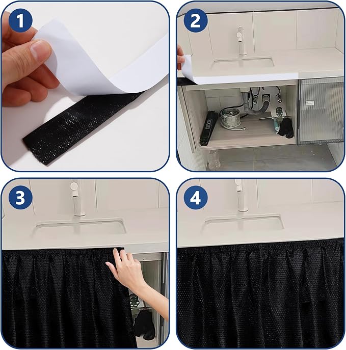 Fabric Sink Skirt for Pedestal Sinks – Waterproof Under Sink Curtain Skirt to Hide Cleaning Supplies – Self-Adhesive, Easy Install, 55 x 32 Inch Bathroom Storage Solution(Black)