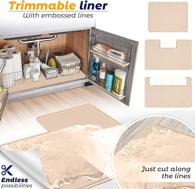 The Original Under Sink Mat - Silicone Waterproof mat, Trimmable, Easy to Clean, Kitchen cabinet liner, Under sink protector mats, Drip Tray with Lip (Beige, 31" x 22") or smaller