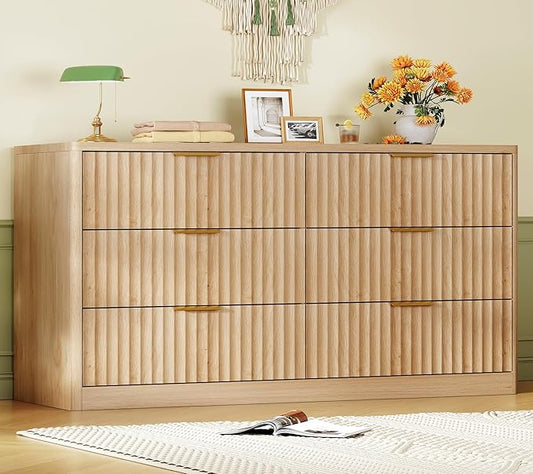 TEENFON Fluted 6 Drawer Dresser for Bedroom, Wide Modern Chest of Drawers with Metal Handle, Curved Profile Design, Wood Closet Clothes Storage Organizer for Bedroom, Hallway, Natural