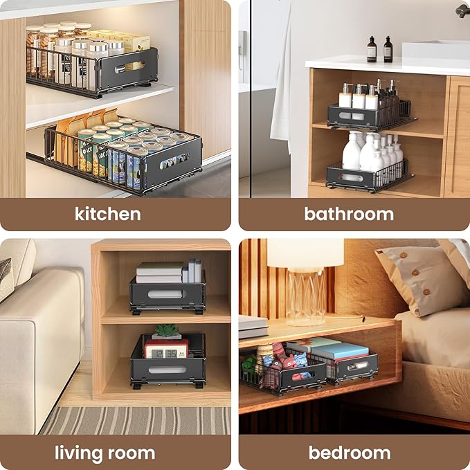 4 Pack Pull Out Cabinet Organizer, NECHEGI Heavy Duty Slide Out Pantry Drawers Shelves Storage With Strong Adhesive Strips and Handle for Kitchen, Bathroom, Living Room, Home (14.8"D X 9.6"W X 3.9"H)