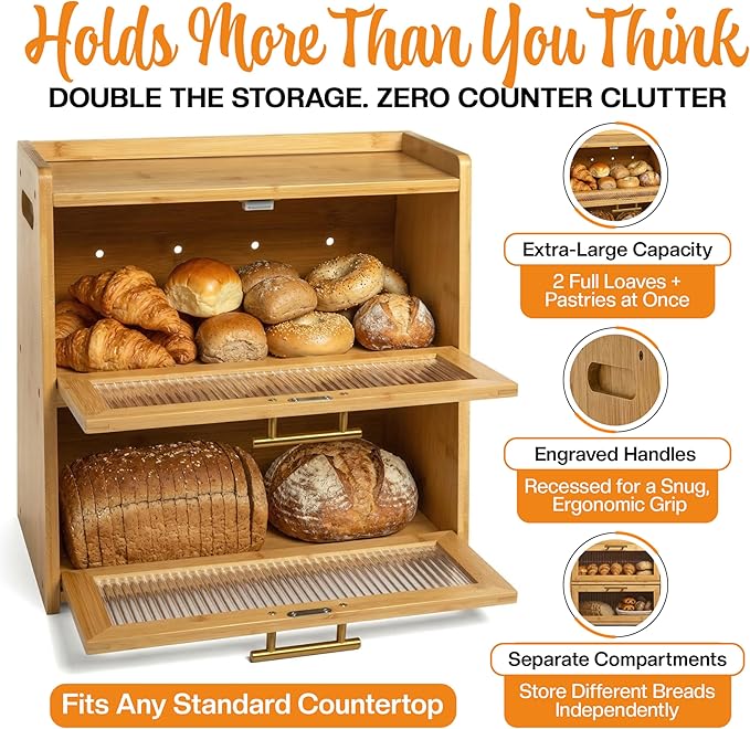 Gennua Kitchen Extra Large Bamboo Bread Box for Kitchen Countertop, Wooden Double Layer Breadbox Provides Double the Storage, Holds Multiple Loaves, Durable & Beautiful with Frosted Acrylic Panels