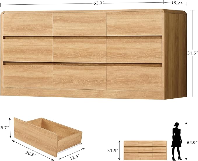 TEENFON 9 Drawer Dresser for Bedroom, 63" Wide Dressers & Chest of Drawers with Curved Profile Design, Wood Closet Storage Dressers Organizer for Bedroom, Living Room, Natural
