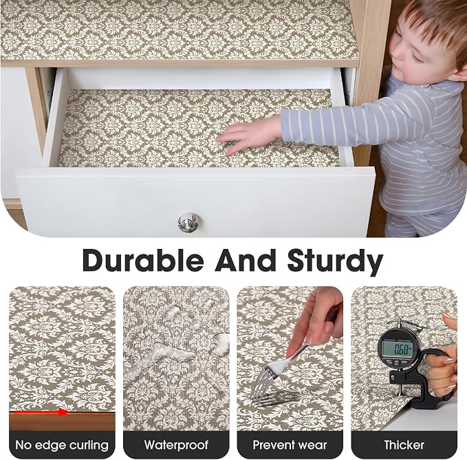Drawer and Shelf Liner, Non-Slip Kitchen Cabinet Liners Non-Adhesive Thick Strong Grip Waterproof Washable Mats Protect Dresser Shelves Cupboard Bathroom Cabinets, Boho: Beige, 24 in X 10 FT
