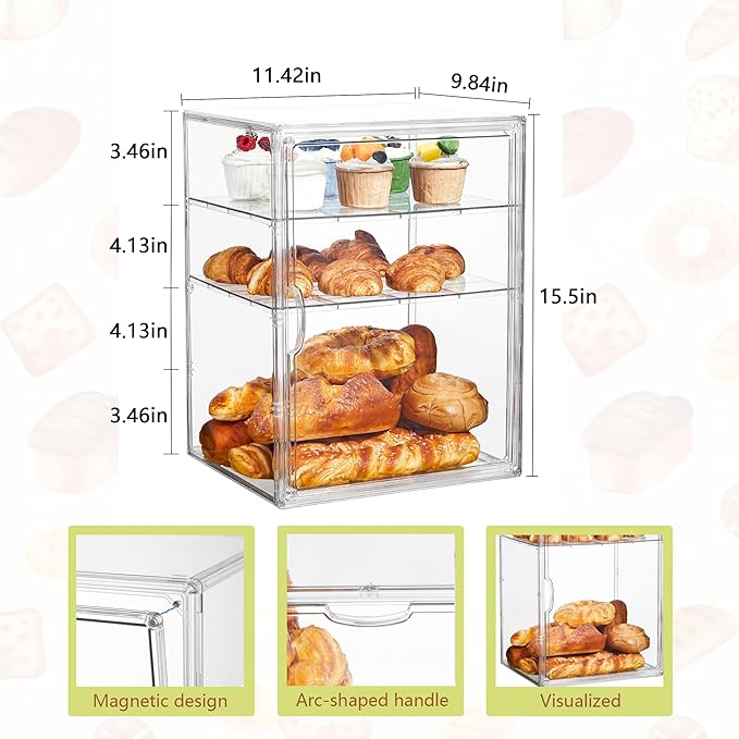 SANKEU Pastry Display Case,Bread Box for Kitchen Countertop,4 Layers Detachable Clear Bread Storage with Magnetic Door Bakery Pastry Display15.5x11.4x9.8,2 Pack