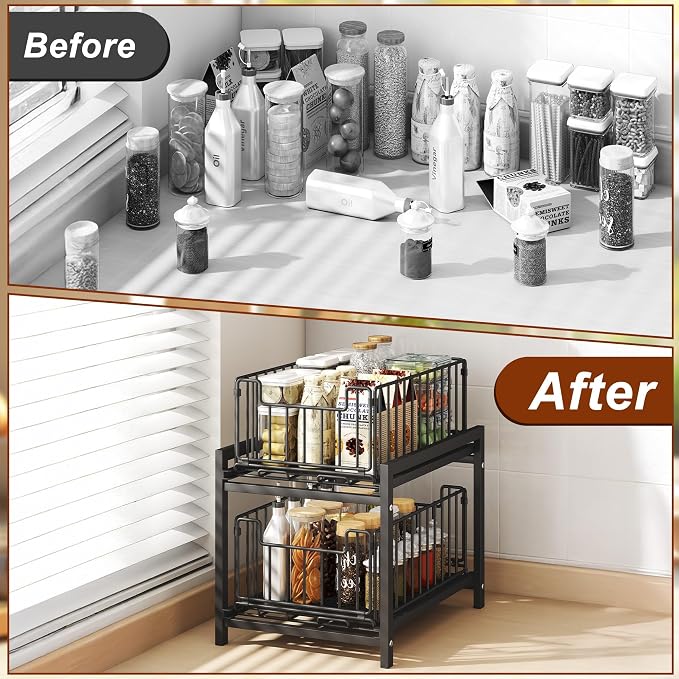 Romorgniz 1 Pack Pull-Out Storage Organizers, 2-Tier Sliding Under Sink Organizers For Kitchen and Bathroom, Metal Shelf Cabinet Organziers, White