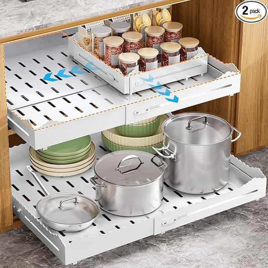 Pull Out Drawers for Cabinets, Expandable Pull Out Cabinet Organizer 11-18" Width,13-24" Depth, Roll out Shelves for Cabinets Without Lip, No Drill Adjustable Slide out Drawers for Kitchen & Pantry