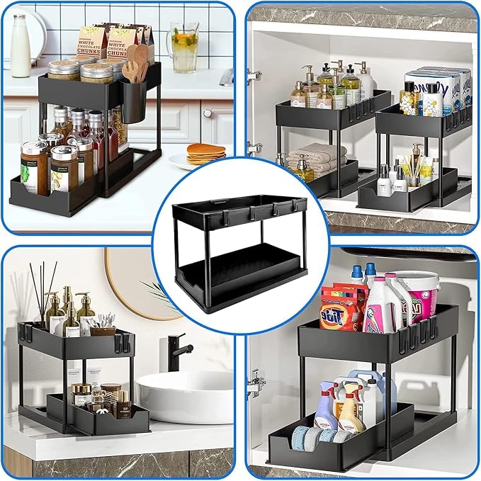 HEMOVIA Under Sink Organizer,Sliding Under Bathroom Automobiles Cabinet Storage Drawer Organizer Hanging Cup,Dividers,Handles,Multi-Purpose Under Sink Shelf...