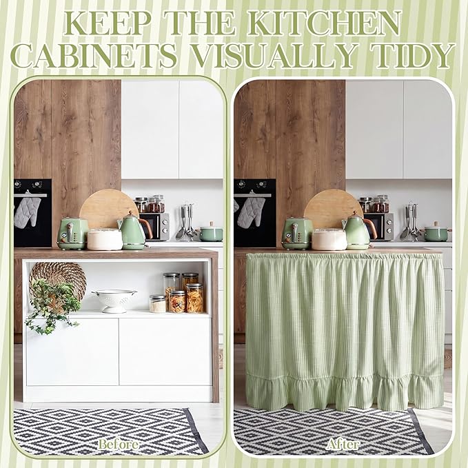 VitalCozy Cabinet Curtain 28" W x 51" L Sink Skirt for Bathroom Kitchen Sage Green Stripes Ruffles Spring Short Curtain for Home Classroom Farmhouse Drape Under Desk Privacy Drape for Laundry Room