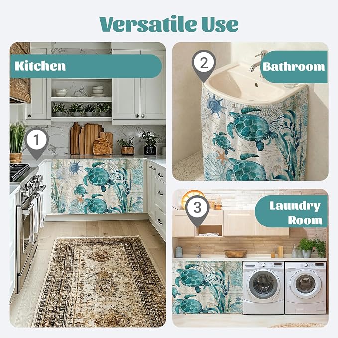 Nautical Green Sea Turtles Beach Theme Sink Skirt for Bathroom, Self Stick Adhesive Waterproof Fabric, Blue Ocean Under Sink Curtain Skirt, Pedestal Sink Accessories Decor
