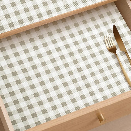 Green Gingham Drawer Liner, Non-Adhesive Shelf and Kitchen Cabinet Protector, 11.8IN x 20FT Non-Slip Strong Grip Waterproof Contact Paper, Smooth Surface Liners for Cabinets, Bathrooms, Cupboard