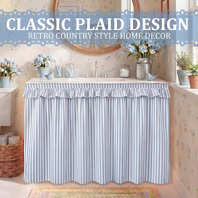 Blue Ruffle Gingham Sink Skirt Self-Adhesive Bathroom Stitch Self Stick Adhesive Fabric Under Sink Curtain Skirt 32'' x 55'' for Bathroom Kitchen Laundry Utility Room Decor(Stripe)