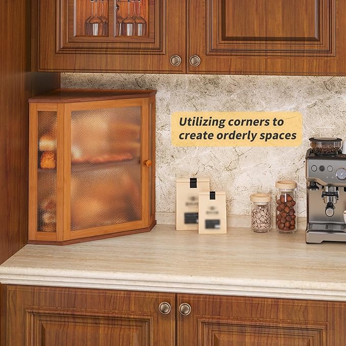 Corner Bread Box for Kitchen Countertop,Bread Storage for Homemade Bread, Double Layer Large Bamboo Kitchen Storage Bin with Window (Brown, Large)