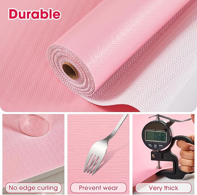Drawer and Shelf Liner, Non-Slip Kitchen Cabinet Liners Non-Adhesive Thick Strong Grip Waterproof Washable Mats Protect Dresser Shelves Cupboard Bathroom Cabinets, Pink, 12 in X 20 FT