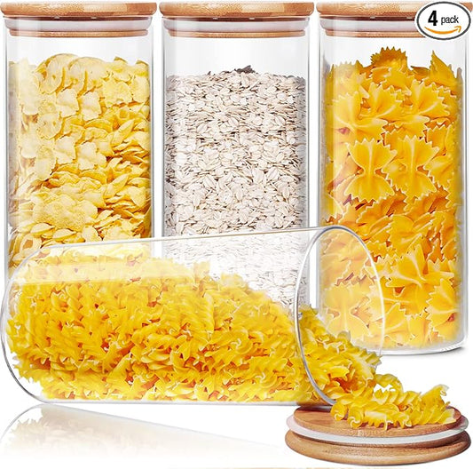 HomArtist Glass Jars with Bamboo Lids 53 FL OZ [Set of 4], Glass Canisters with Airtight Lids, Glass Food Storage Containers for Pasta, Oats, Coffee, Flour, Sugar, Rice, Best for Kitchen & Pantry
