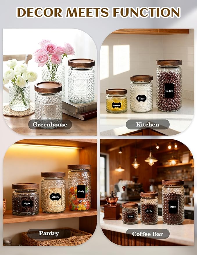 Glass Jar with Wood Lid and Label - 34 OZ Large Airtight Storage Container for Kitchen Pantry Bathroom Countertop, Decorative Vintage Canister for Candy, Cookie, Treat, Sugar, Coffee, Tea, Salt, Flour