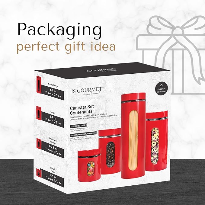 JS Gourmet 4 Pcs Stainless Steel Canisters Set for Kitchen with Glass Window and Airtight Lid, Perfect for Storing Coffee, Spaghetti, Sugar, Beans and Dry Ingredients (Red)
