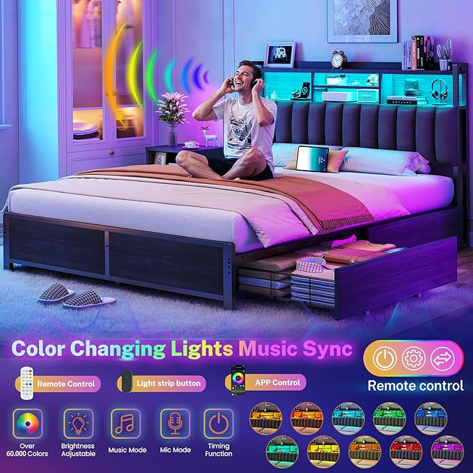 TEENFON Queen Bed Frame with 4 Storage Drawers and LED Lights, Upholstered Headboard with Shelves and Built in Charging Station, Metal Platform Noise-Free/No Box Spring Needed, Black