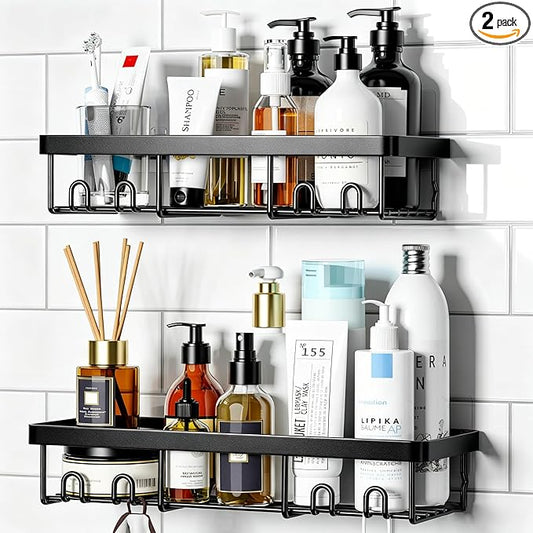 Moforoco Shower Caddy Shelf Organizer Rack, Self Adhesive Black Bathroom Shelves Basket, Home Farmhouse Wall Inside Organization and Storage Decor Rv Accessories, First Camper Apartment Essentials