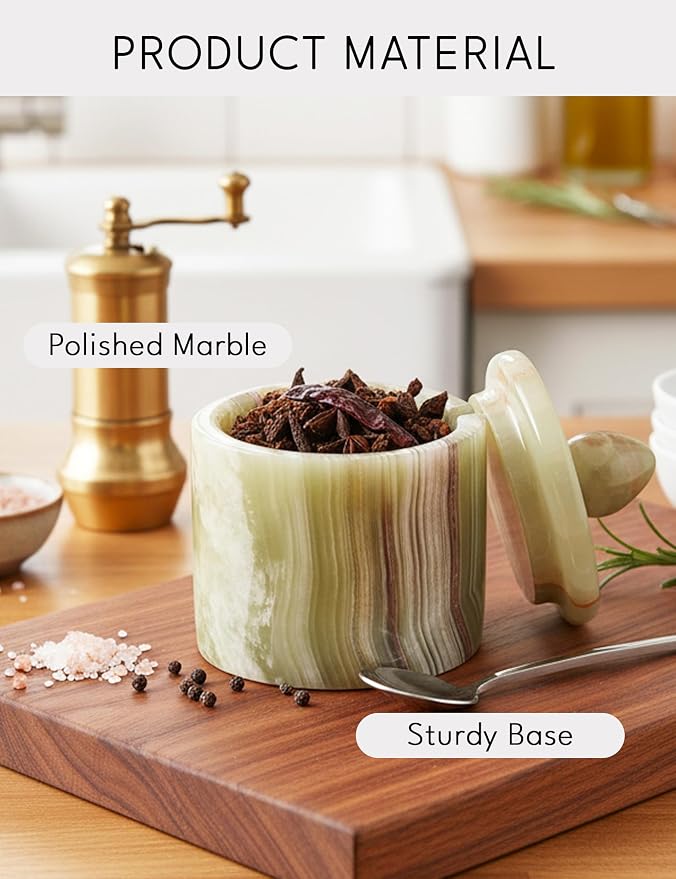 Green Onyx Salt Cellar with Lid 4 Inch – Handmade Natural Marble Salt Cellar, Kitchen Salt Container for Countertop, Refillable Salt Box for Cooking, Seasoning & Dining