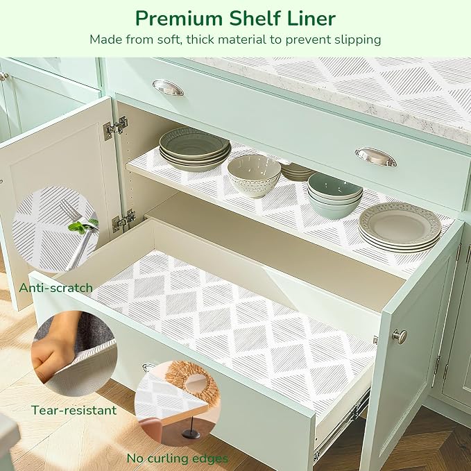 Shelf and Drawer Liner for Kitchen Cabinets 18In x 30FT Non-Adhesive Shelf Liner Non-Slip Strong Grip Cabinet Liner Waterproof Thickened Easy to Clean Drawer Mats Protect Pantry, Tool Box, Dresser