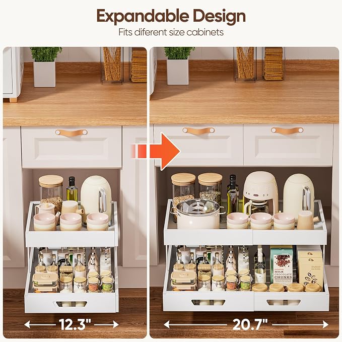 Nacial 2 Tier Pull Out Cabinet Organizer, Expandable(12.3"-20.7" W) Slide Out Cabinet Drawer with Adhesive Nano Film, Adjustable Heavy Duty Roll Out Shelves for Kitchen Pantry Bathroom Storage, White