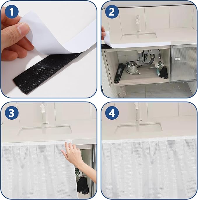 Fabric Sink Skirt for Pedestal Sinks – Waterproof Under Sink Curtain Skirt to Hide Cleaning Supplies – Self-Adhesive, Easy Install, 55 x 32 Inch Bathroom Storage Solution (White)